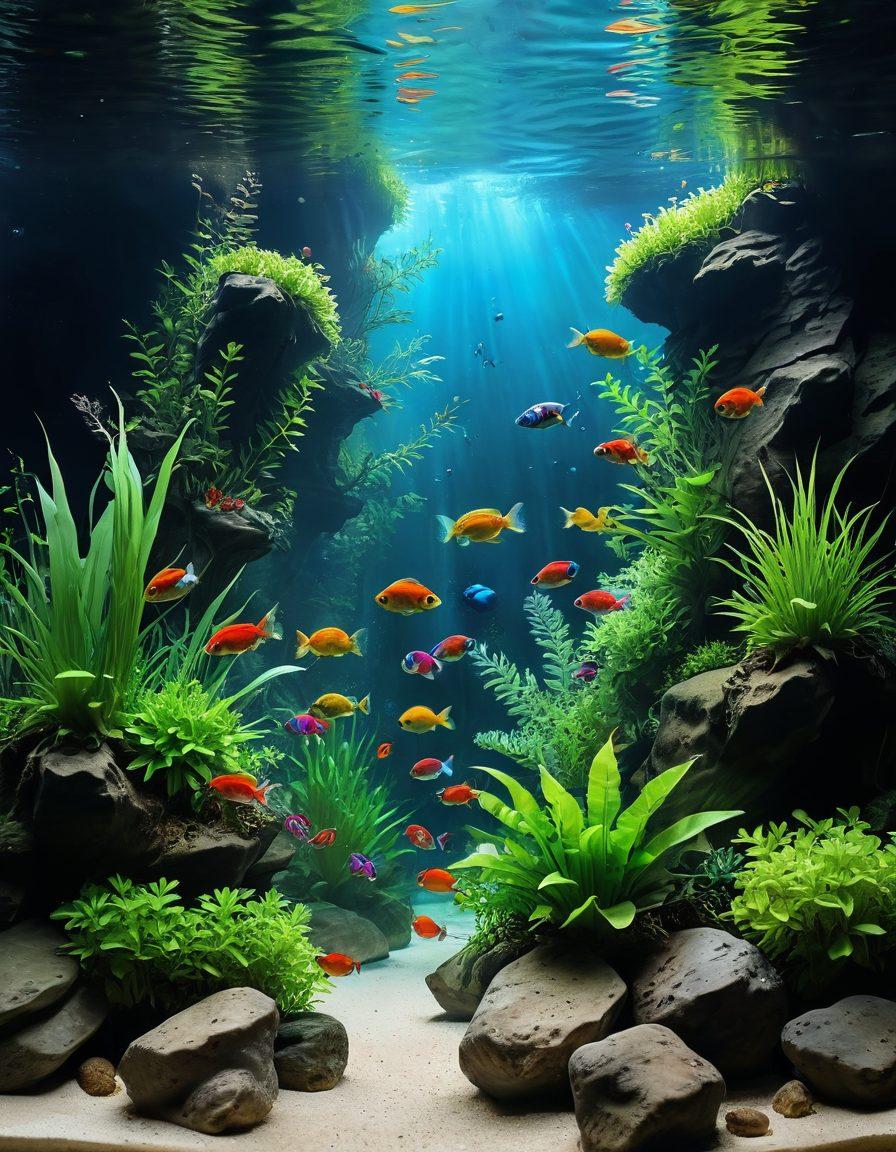 A magnificent underwater aquascape featuring lush green aquatic plants, colorful fish swimming gracefully, and intricately designed rock formations. Include a vibrant display of bubbles rising towards the surface with beams of light penetrating the clear water. super-realistic. vibrant colors. white background.