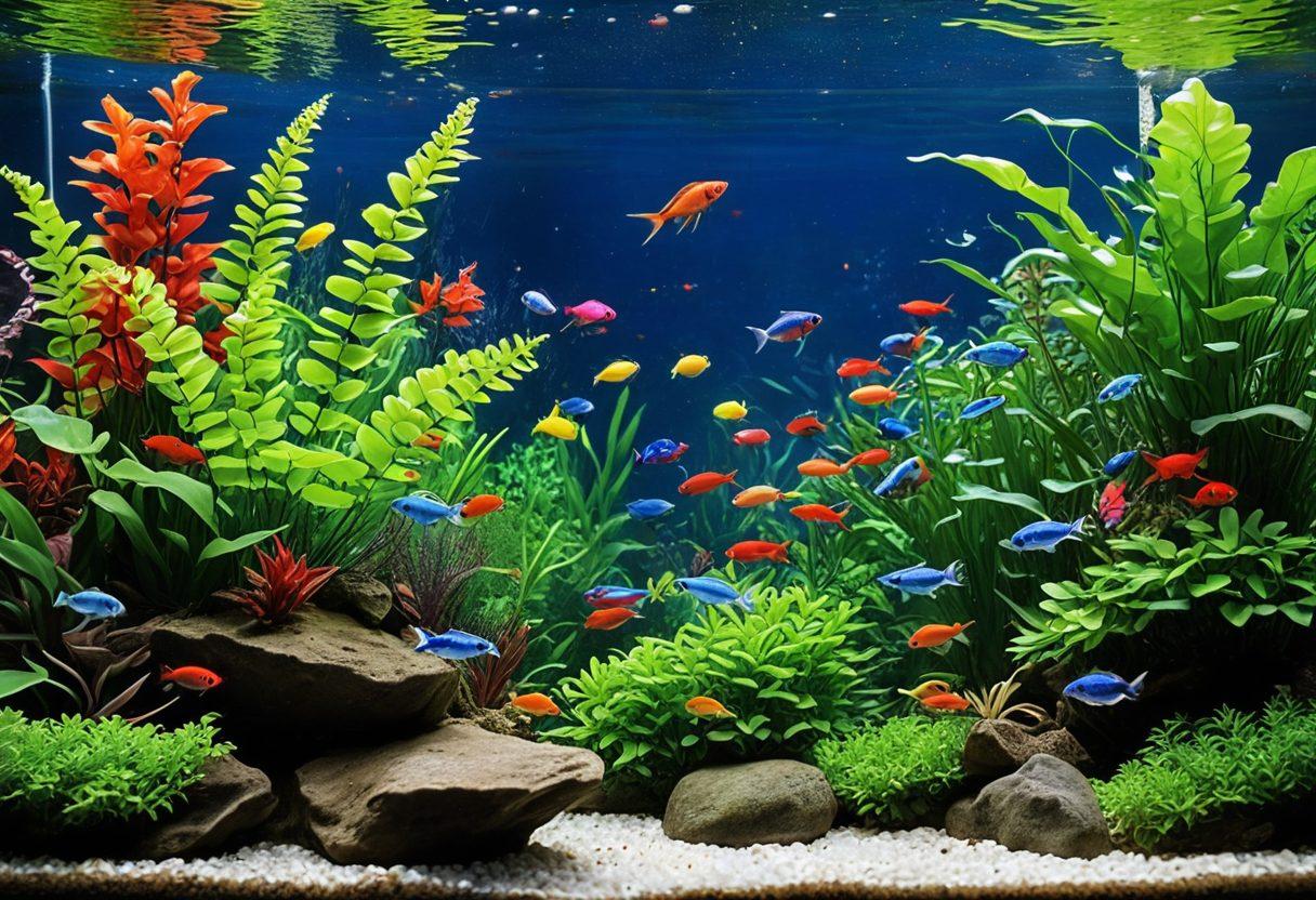 A serene and vibrant home aquarium teeming with colorful fish of various species swimming among lush, well-kept aquatic plants and rocks. Clear blue water with gentle bubbles and a backdrop of a thriving underwater ecosystem. Delicate details like tiny shrimp and snails can be seen. super-realistic. vibrant colors.