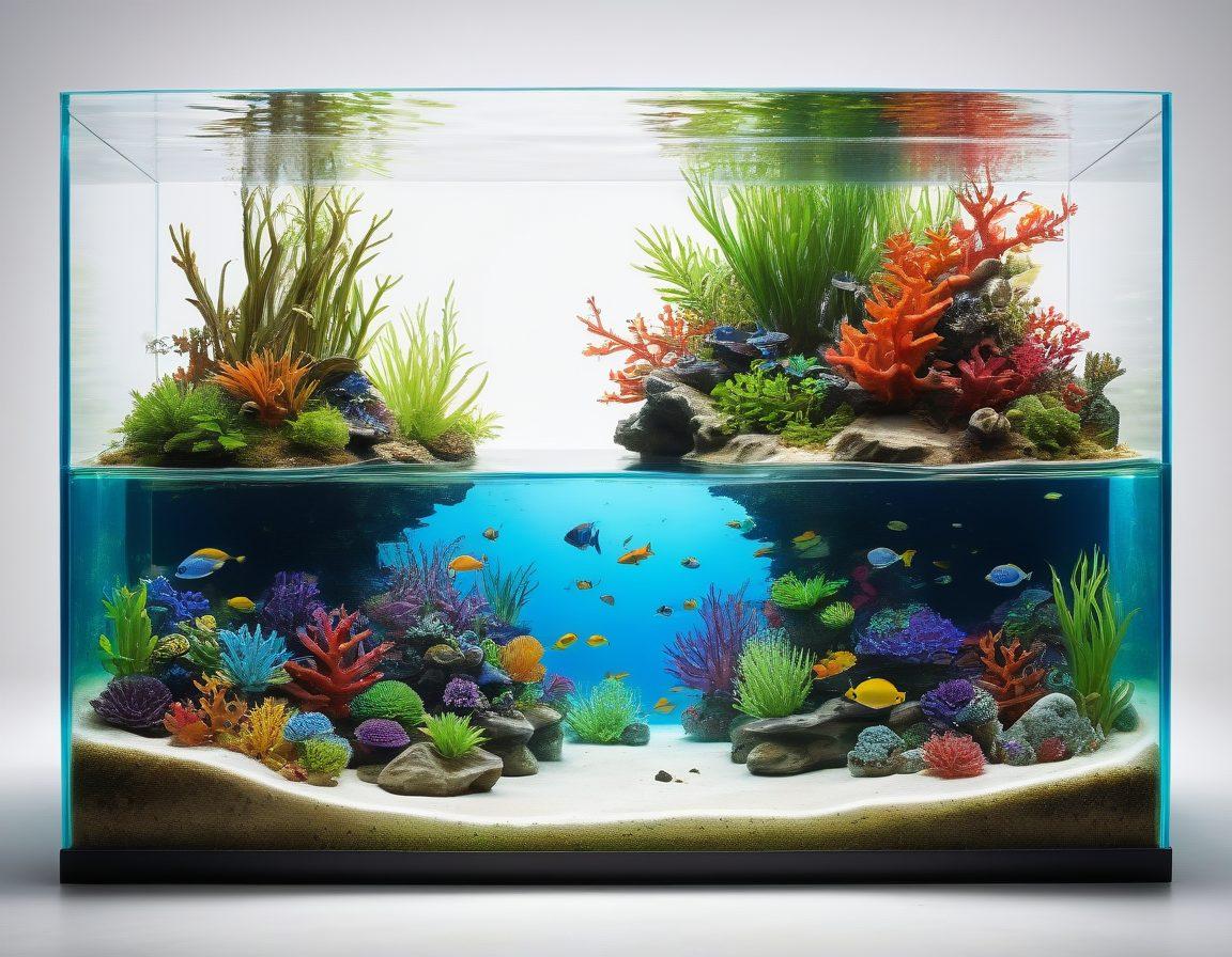 A vibrant underwater wonderland featuring a diverse assortment of colorful fish, corals, and aquatic plants. A person carefully arranging rocks and decorations inside a pristine aquarium, with bubbles rising gently to the surface. In the background, shelves lined with aquarium supplies and tools. Artistic splashes of blue and green to accentuate the water theme. super-realistic. vibrant colors. white background.